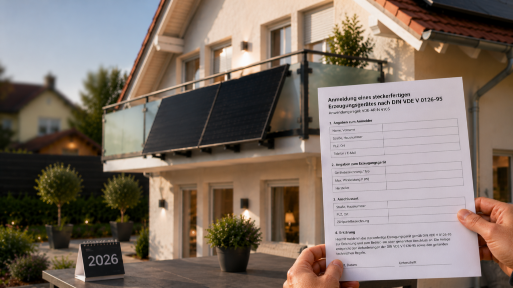 Modernes Einfamilienhaus mit Balkonkraftwerk und Jahreszahl 2026 – neue Regeln für Balkonkraftwerke
