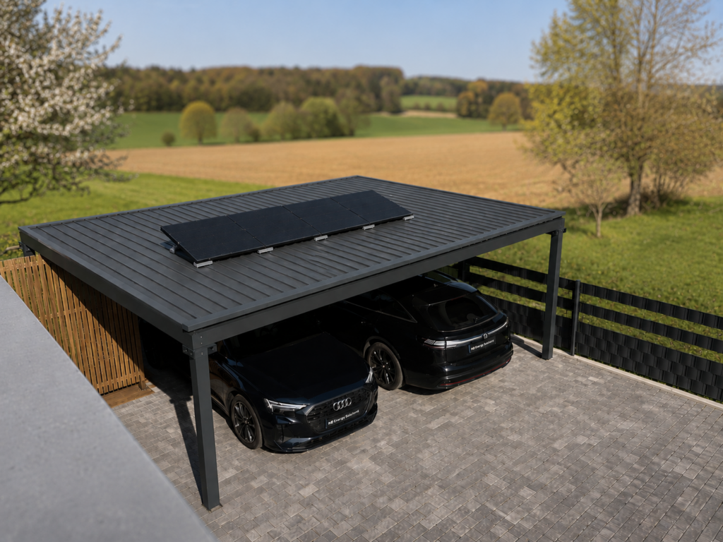 Zwei schwarze Solarmodule auf Flachdach mit Aufständerung – Balkonkraftwerk Flachdach Installation