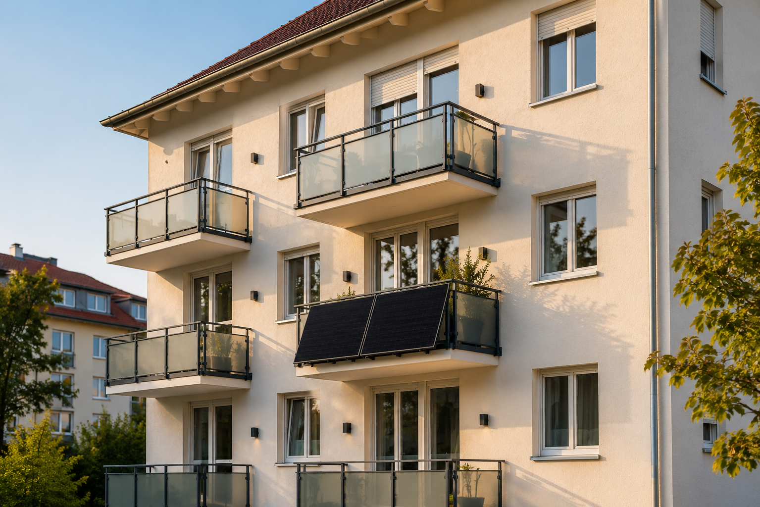 Zwei schwarze Solarmodule auf dem Balkon eines Mehrfamilienhauses – Balkonkraftwerk für Mieter geeignet