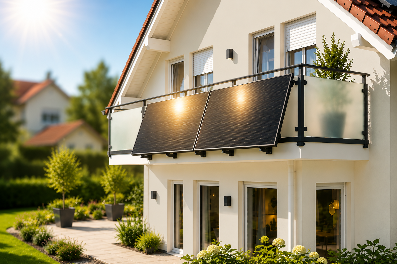 Balkonkraftwerk mit zwei schwarzen Solarmodulen in der Mittagssonne – maximaler Stromertrag