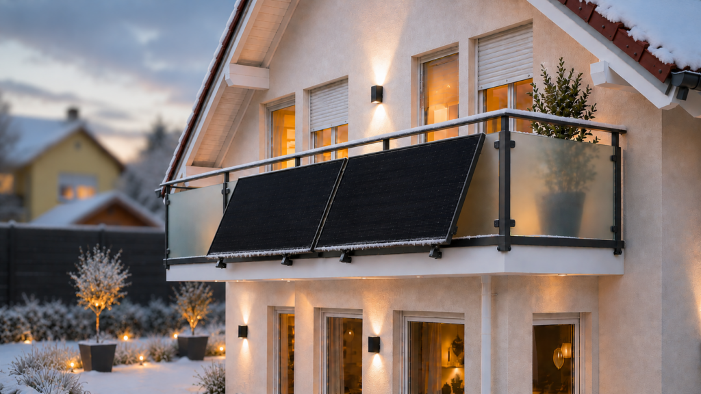 Balkonkraftwerk mit schneefreien Solarmodulen im Winter – Stromertrag Balkonkraftwerk Winter