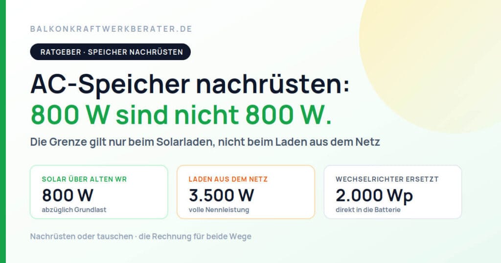 AC-Speicher am Balkonkraftwerk nachrüsten – 800 W solare Ladeleistung abzüglich Grundlast, 3.500 W beim Laden aus dem Netz, 2.000 Wp bei ersetztem Wechselrichter