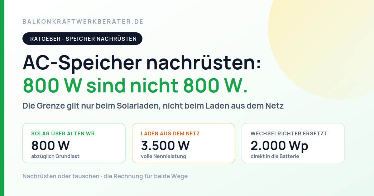 AC-Speicher am Balkonkraftwerk nachrüsten – 800 W solare Ladeleistung abzüglich Grundlast, 3.500 W beim Laden aus dem Netz, 2.000 Wp bei ersetztem Wechselrichter