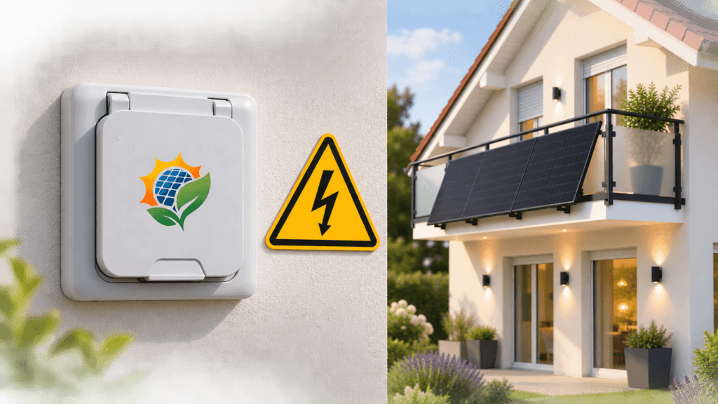 Feuchtraum-Außensteckdose mit Solarsymbol auf dem Klappdeckel neben einem gelben Warnschild mit Blitzsymbol, im Hintergrund ein Wohnhaus mit Balkonkraftwerk und Dach-PV