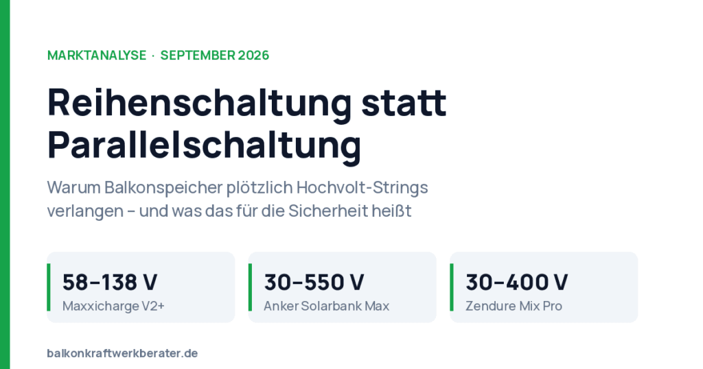 Infografik zum Hochvolt-Trend bei Balkonkraftwerk-Speichern mit den PV-Spannungsfenstern von Maxxicharge V2+, Anker Solarbank Max und Zendure Mix Pro Reihenschaltung bei Balkonspeicher