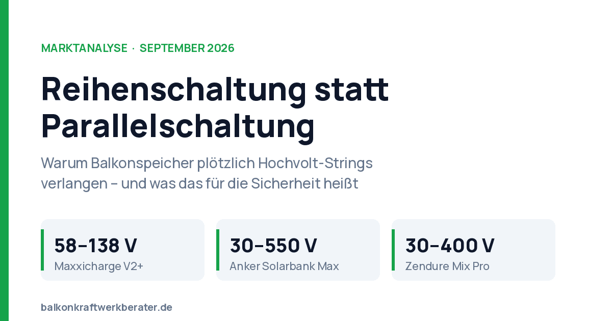 Infografik zum Hochvolt-Trend bei Balkonkraftwerk-Speichern mit den PV-Spannungsfenstern von Maxxicharge V2+, Anker Solarbank Max und Zendure Mix Pro